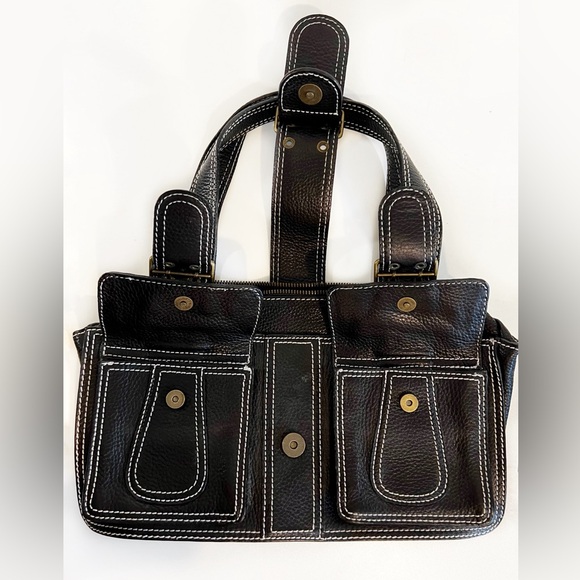 Cynthia Rowley black leather shoulder bag topstitch brass hardware zipper purse - Picture 5 of 9